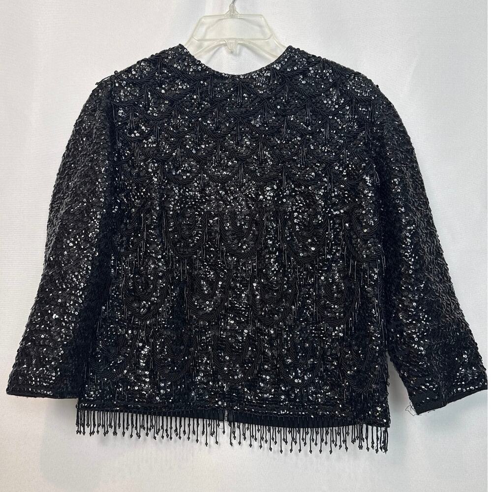 Jeri-Jo Vintage 60s Sequin Beaded Fringe Wool Top Size 36 Black Romantic Goth